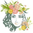 Grunge floral vector girl portrait with hand drawn flowers.