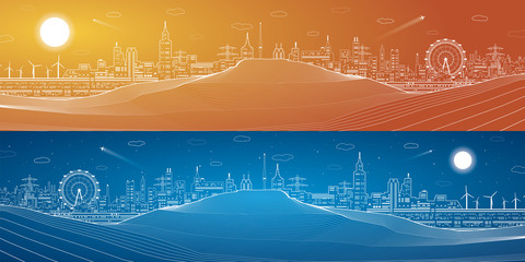 Wall Mural - City at night in the desert, industrial mirage, mountains, night town, infrastructure panoramic, vector design