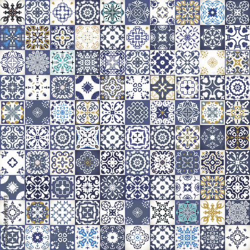 Naklejka na szybę Gorgeous floral patchwork design. Colorful Moroccan or Mediterranean square tiles, tribal ornaments. For wallpaper print, pattern fills, web background, surface textures. Indigo blue white teal 