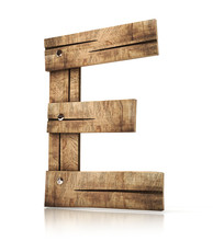 Single Wooden E Letter Isolated On The White Background. 3d Illustration. Wooden Font.