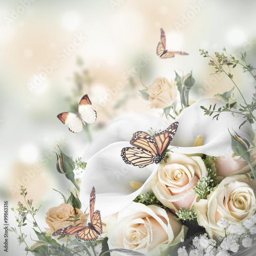 Plakat na zamówienie Bouquet for the bride of yellow roses and white calla lilies, butterfly.