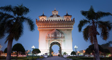 Laos Vientiane Night View Of Famous Landmark And Travel Destination Patuxai Arch Monument 