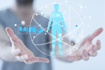 human check - medicine doctor and stethoscope in hand touching icon medical network connection with 