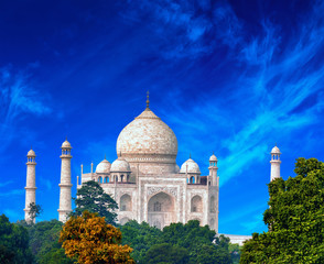 Fototapete - Taj Mahal white palace and dramatic sky