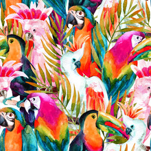 Watercolor Parrots Seamless Pattern