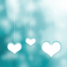 Lovely Three White Cyan Hearts Hang On Thin White Rope On Blurred Cyan Bokeh Background. Conceptual Valentine Day Copy Space Illustration.