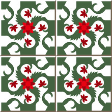 Vintage Seamless Wall Tiles Of Red Red Flower Spiral Green Vine, Moroccan, Portuguese.
