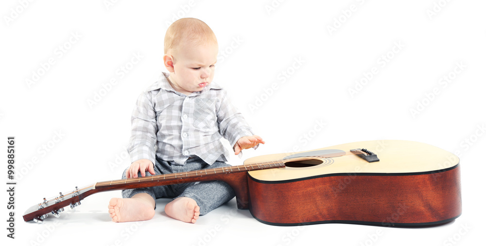 Cute baby with guitar isolated on white background