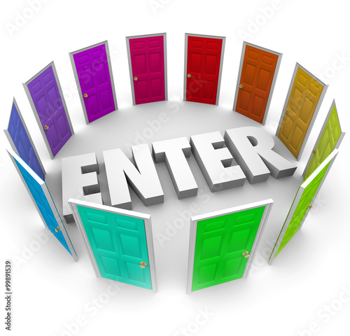 Fotografia, Obraz Enter 3d Word Access Open Unlock Colored Doors Entry