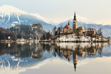 Wall Mural - Amazing sunrise at the lake Bled in winter