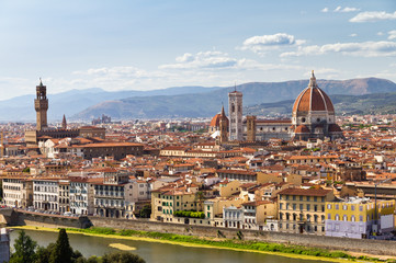 Beautiful view over the city of Florence, Italy, with the Cathedral and the Palazzo Vecchio