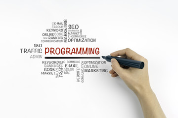 Canvas Print - Hand with marker writing Programming word cloud, business concep