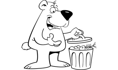 Wall Mural - Black and white illustration of a bear looking in a garbage can.