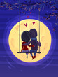 Boy and girl looking at the moon. Romantic night.. Vector cute illustration.