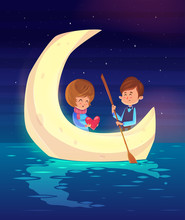 Couple Sitting In A Boat On The Lake. Vector Cute Illustration.
