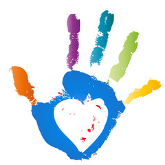 Wall Mural - Conceptual children painted hand print and heart isolated