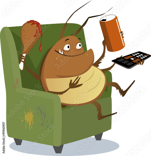 Fotografia, Obraz Funny cartoon cockroach sitting in a chair with a TV remote control, drink in a