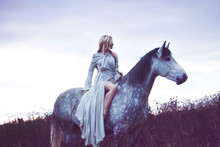  Beauty Blondie With Horse In The Field,  Effect Of Toning
