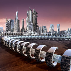 Wall Mural - Futuristic city architecture with skyscrapers and tubular ring structure on an alien red planet, for futuristic or fantasy backgrounds