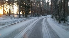 Driving In Winter Forrest In Raasepori, Finland, At A Evening