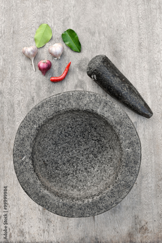 Stone mortar with many kind of herbs in kitchen - obrazy, fototapety, plakaty 