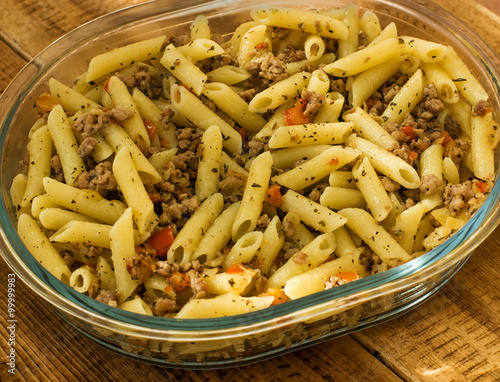 Minced meat with pasta onions and sweet peppers Poster Mural XXL