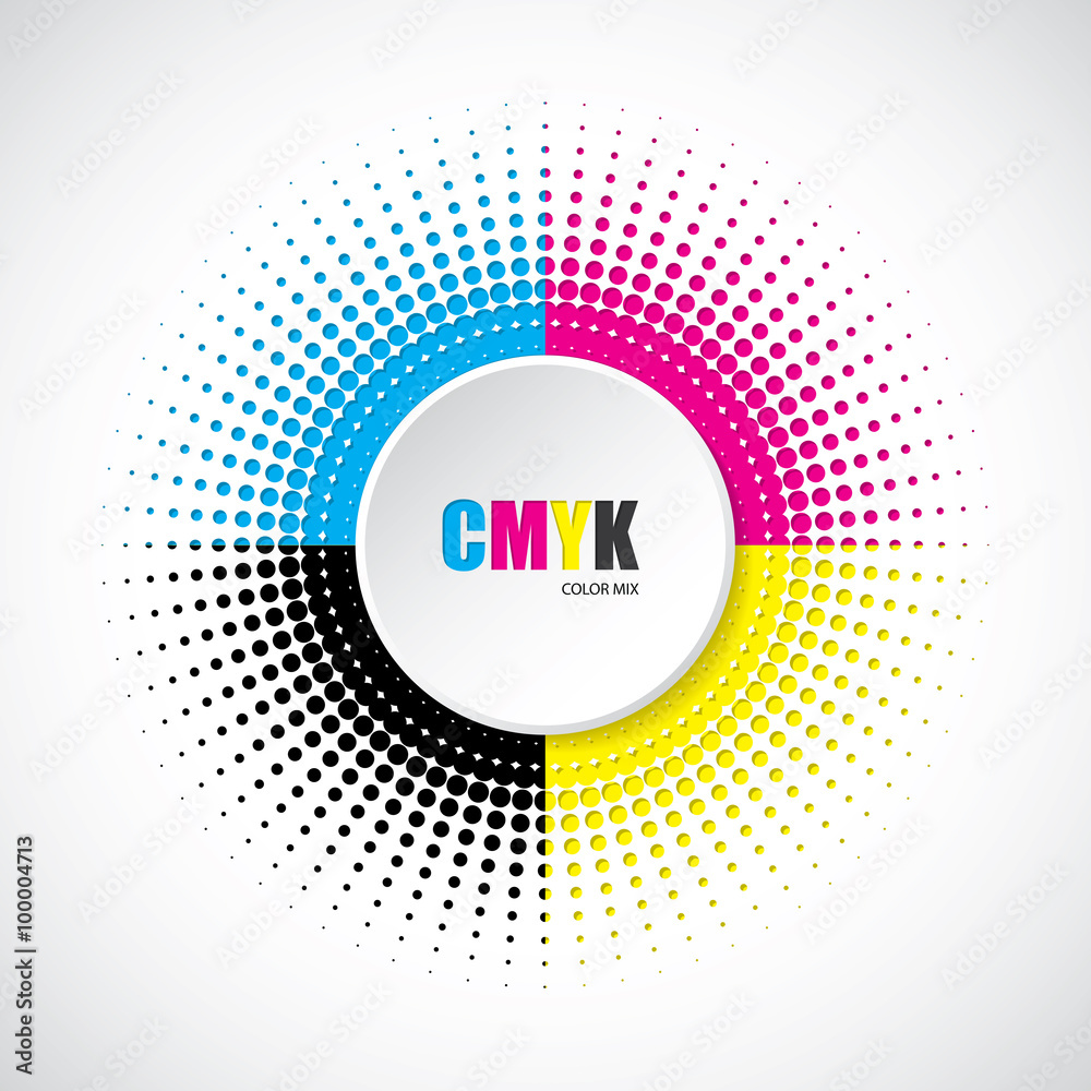 Abstract cmyk halftone background with 3d button - obrazy, fototapety, plakaty 