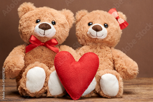 Obraz Dibond Valentines Day. Love red heart.Couple Teddy Bears