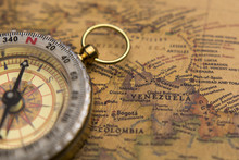 Old Compass On Vintage Map Selective Focus On Venezuela