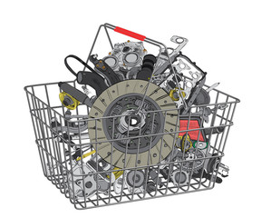 Basket with many spare parts for the passenger car