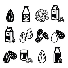 Almonds, almond milk vector icons set
