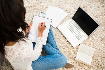 Poster - Above view of a woman writing note while using her laptop