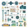 © K3Star - Parts of machinery and robot flat icons set.  Mechanical equipment for industry, technical engine mechanic, pipe and valve, absorber and  button, vector illustration