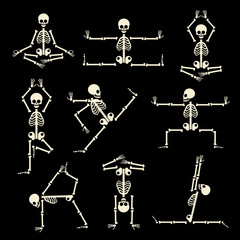 Kung fu and yoga skeletons set. Human pose anatomy, body comic, healthy fitness, vector illustration