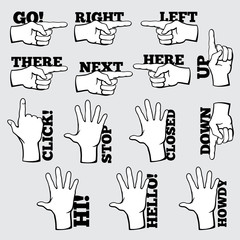 Poster - hand navigation symbols set. gesture pointer, click and hello, direction up, cursor icon, vector ill