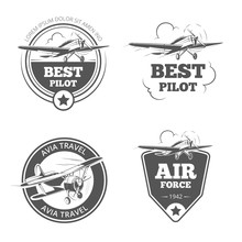 Vintage Biplane And Monoplane Emblems Set. Airplane And Aircraft Logos. Aviation Logo, Flight Travel, Vector Illustration
