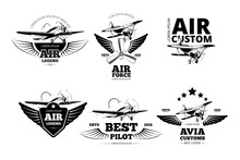 Airplane Emblems Vector Labels. Aviation Logo, Flight And Best Pilot Illustration