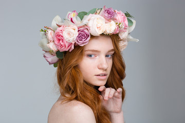 Canvas Print - Sensual pretty redhead female with long hair in flover wreath