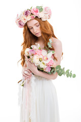 Poster - Beautiful redhead woman in dress holding flowers