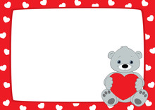 Vector Red Frame With White Hearts Pattern. Grey Teddy Bear Sitting In The Lower Right Corner And Holding Red Heart. Place For Text On A White Background. Horizontal Format A3/A4, Simple Composition.