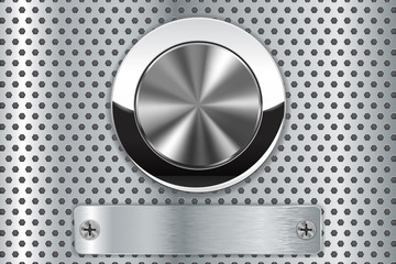 Poster - Metal round button on metal background. Perforated steel background and button with chrome frame. Brushed metal plate with screw head. 