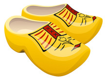 Vector Illustration Of A Pair Of Traditional Yellow Dutch Wooden Shoes.