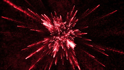 Poster - abstract particle background with elemets passing from far center point towards to camera