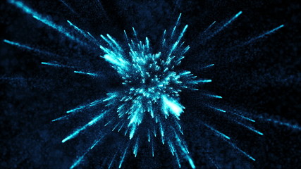 Poster - abstract particle background with elemets passing from far center point towards to camera