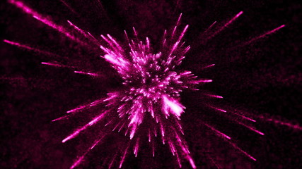 Poster - abstract particle background with elemets passing from far center point towards to camera