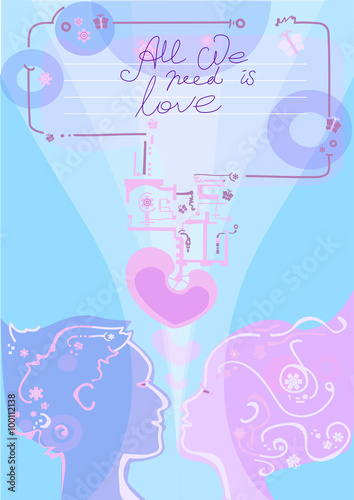 Fotografie, Obraz romantic card in bionic style with blue and pink colors, silhouettes of faсes