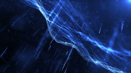 Poster - abstract beauty shot with a lot of shine, glow and particles, wavy surface made of dots, 3d render with depth of field, loopable