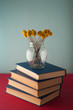 Stack of books and flowers Craspedia.