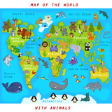  map of the world with animals - vector illustration, eps