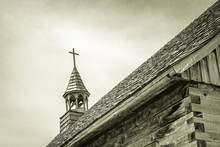 Old Wooden Church. Steeple Of A Historical Wooden Church In Black And White.
